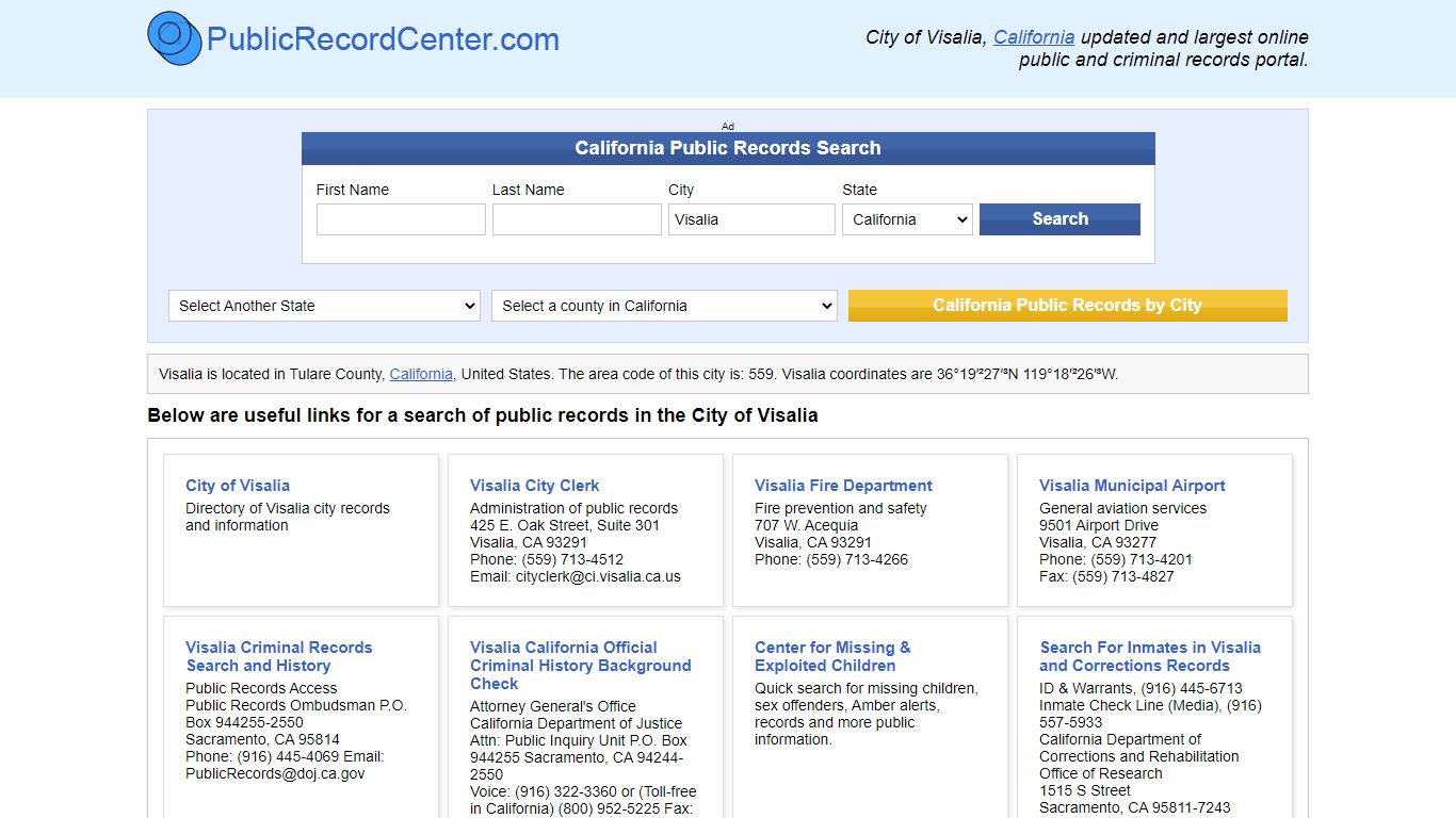 Visalia, California Public Records and Criminal Background Check